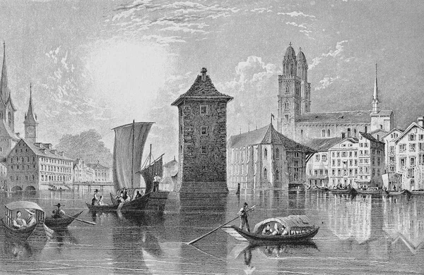历史城市景观 钢铁雕刻 Limmat河和Grossmnster河 1835年 瑞士苏黎世 — 图库照片
