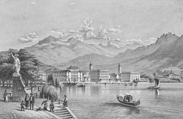 Historic Cityscape Steel Engraving Lugano 1860 Canton Ticino Switzerland Europe — Stock Photo, Image