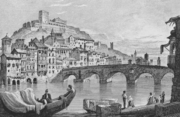 历史城市景观 钢铁雕刻 1825年左右 意大利维罗纳 — 图库照片