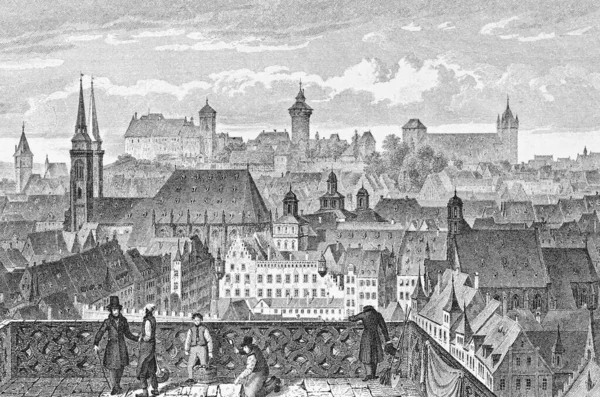 Történelmi Városkép Acélgravírozás Nürnbergi Vár Nürnberg 1830 Körül Bajorország Németország — Stock Fotó