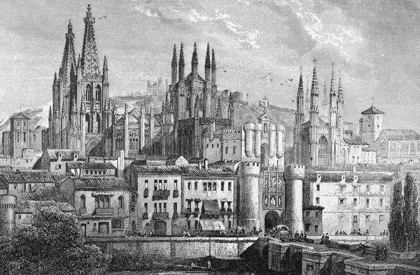 Historic Cityscape Steel Engraving Circa 1850 Burgos Castile Spain Europe — Stock Photo, Image