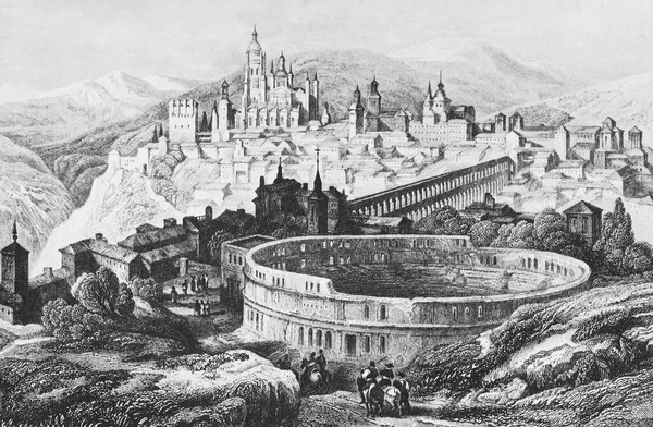 Historic Cityscape Steel Engraving 1840 Segovia Castile Spain Europe — 스톡 사진
