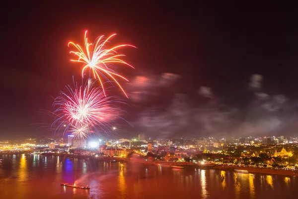 Feux Artifice Sur Tonl Sap Mekong Vue Sur Ville Phnom — Photo