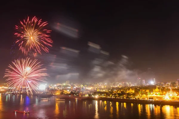 Fireworks Tonl Sap Mekong City View Phnom Penh Cambodia Asia — Stock Photo, Image