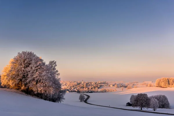 Місто Дороги Дерева Зимовий Пейзаж Схід Сонця Кнегедрид Унтераллгу Свабія — стокове фото