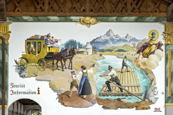 Lftlmalerei Mural Stagecoach Raft Isar River Town Hall Wallgau Werdenfels — 스톡 사진
