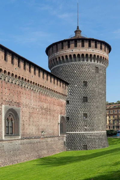 Försvarstorn Och Ytterväggar Sforza Slott Piazza Castello Milano Italien Europa — Stockfoto