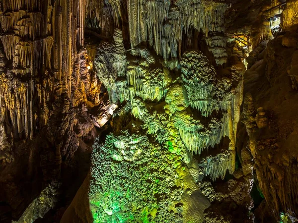 Stalactites Colorfully Lit Cave Cuevas Nerja Costa Del Sol Malaga — Stock Fotó