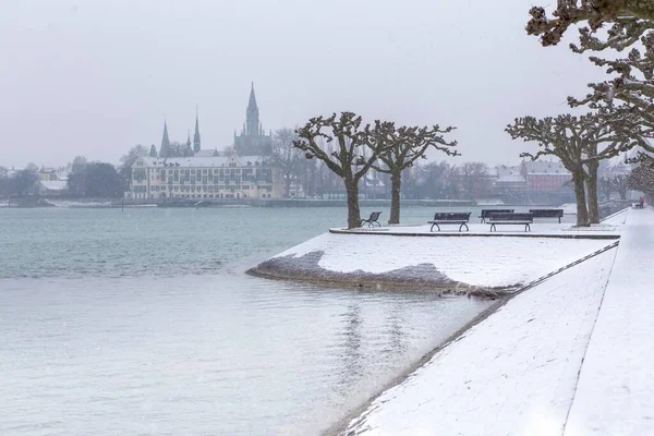 Vista Desde Paseo Marítimo Del Centro Histórico Nevadas Konstanz Baden — Foto de Stock