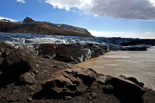 Glace Glaciaire Museau Glacier Avec Traces Cendres Volcaniques Lac Glaciaire — Photo