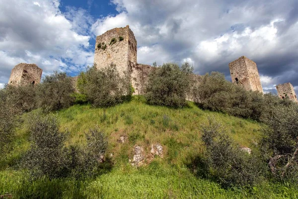 Güçlendirilmiş Kuleleri Olan Şehir Duvarı Monteriggioni Toskana Talya Avrupa — Stok fotoğraf