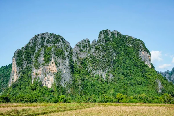 Krajobraz Krasowy Zalesione Góry Krasowe Vang Vieng Prowincja Luang Prabang — Zdjęcie stockowe