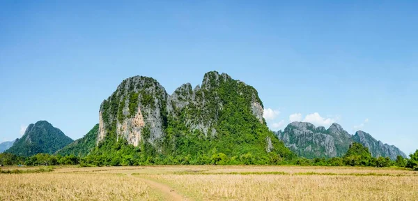 Krajobraz Krasowy Zalesione Góry Krasowe Vang Vieng Prowincja Luang Prabang — Zdjęcie stockowe