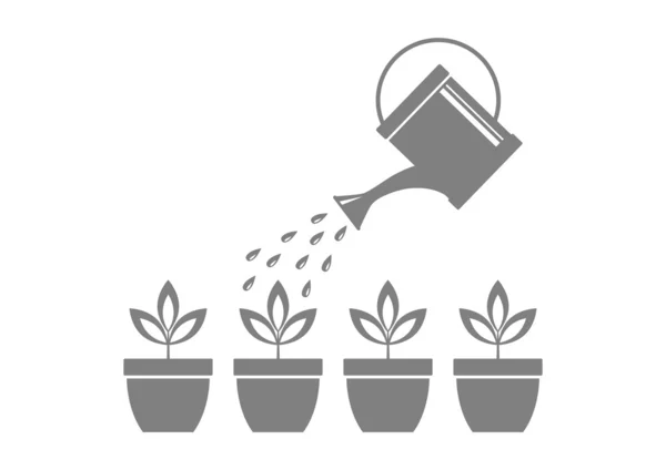 Regadera gris y plantas sobre fondo blanco — Vector de stock