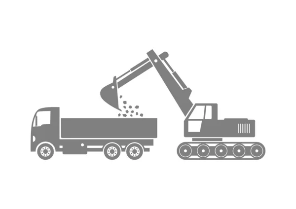 Grå lastbil och grävmaskin på vit bakgrund — Stock vektor