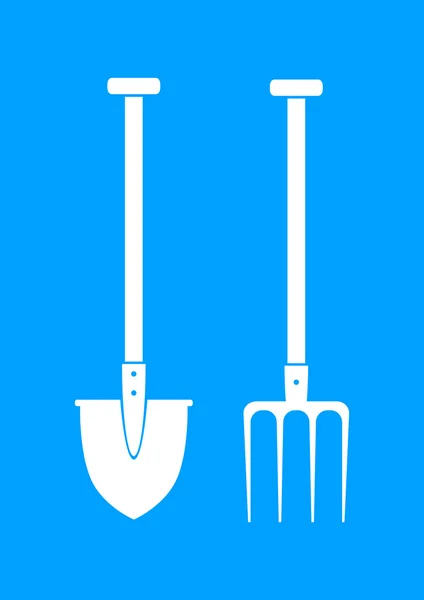 Bílý rýče a vidle na modrém pozadí — Stockový vektor