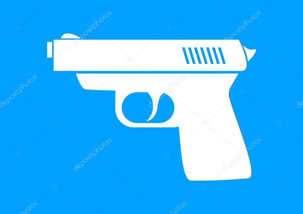 White gun icon on blue background