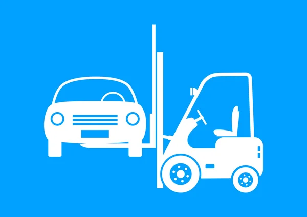 Forklift truck with car on blue background — Stock Vector