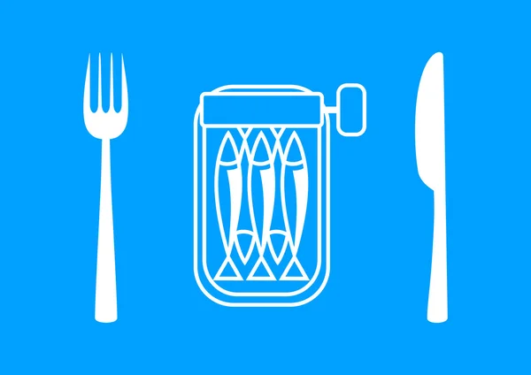 Sardinas blancas con cubiertos sobre fondo azul — Vector de stock