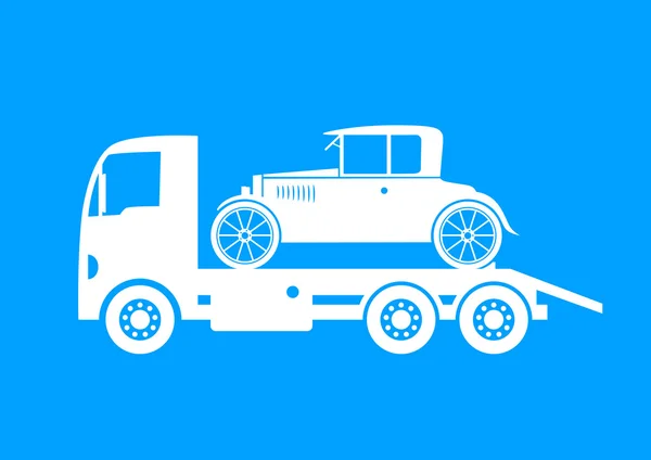 White tow truck and car on blue background — Stock Vector