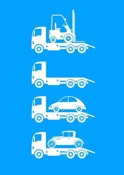 White tow truck icons on blue background — Stock Vector