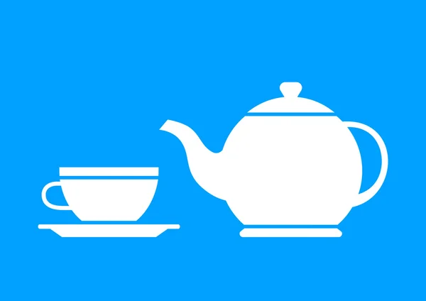 Beyaz demlik ve mavi arka plan üzerinde çay fincanı — Stok Vektör