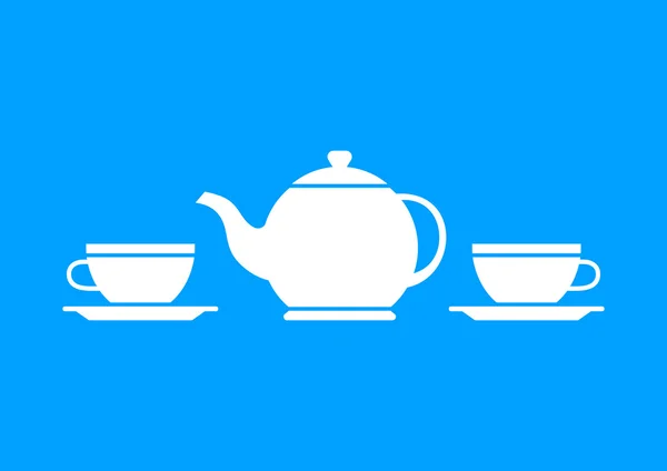 Fehér teáskanna és teáscsésze a kék háttér — Stock Vector