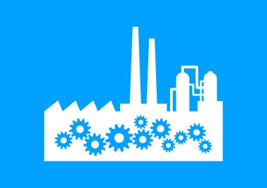 Mavi zemin üzerine beyaz fabrika simgesi