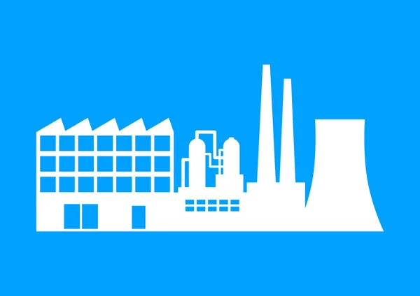 Witte fabriek pictogram op blauwe achtergrond — Stockvector