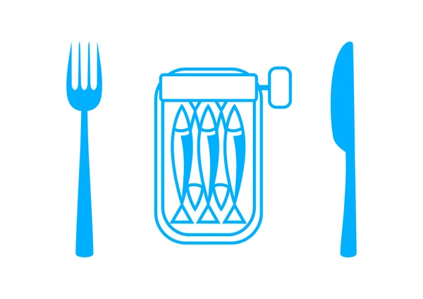 蓝色与白色背景上的餐具沙丁鱼 — 图库矢量图片