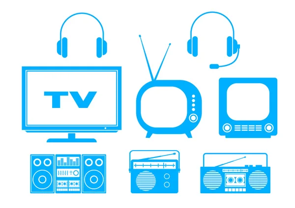 Niebieski audio i Tv ikony na białym tle — Wektor stockowy