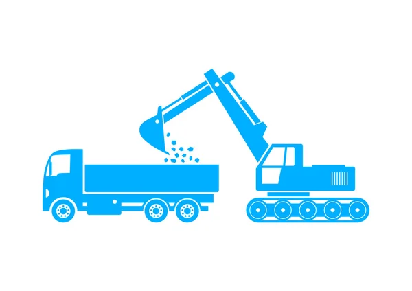 Blå lastbil och grävmaskin på vit bakgrund — Stock vektor