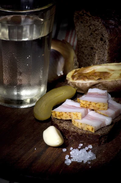 Sandwich with salted lard and vodka — Stock Image Sandwich with salted lard and vodka Stock Image