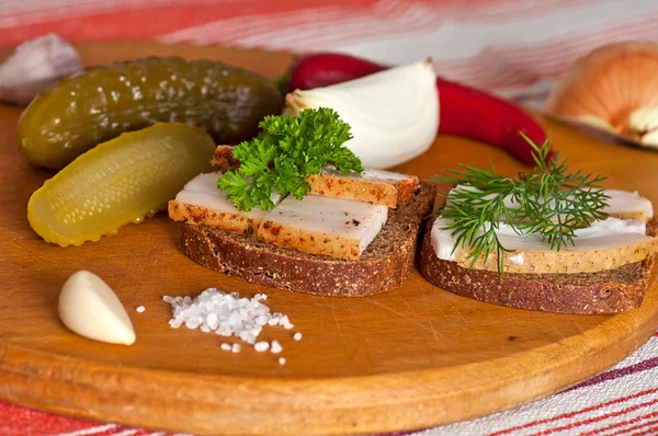 Sandwiches with salted and spiced lard — Stock Photo, Image
