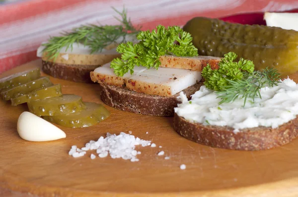 Sandwiches mit gesalzenem, gewürztem und aufgestrichenem Schmalz — Stockfoto