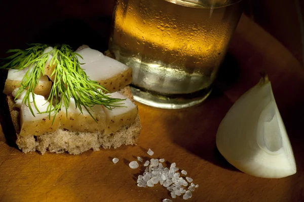 Sandwich with salted lard and vodka, light brush — Stock Image Sandwich with salted lard and vodka, light brush Stock Picture