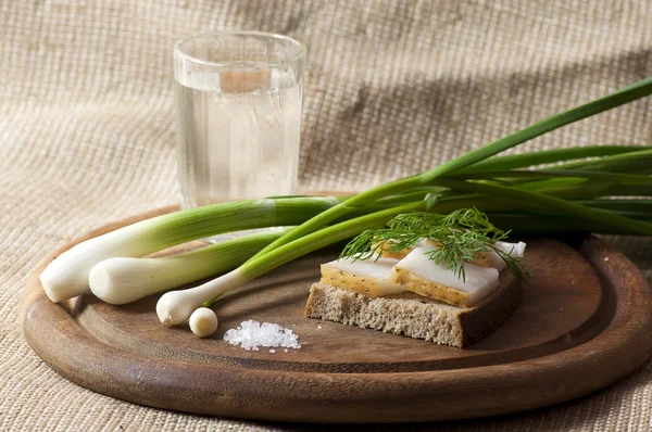 Sandwich mit gesalzenem Schmalz auf Roggenbrot und Wodka — Stockfoto