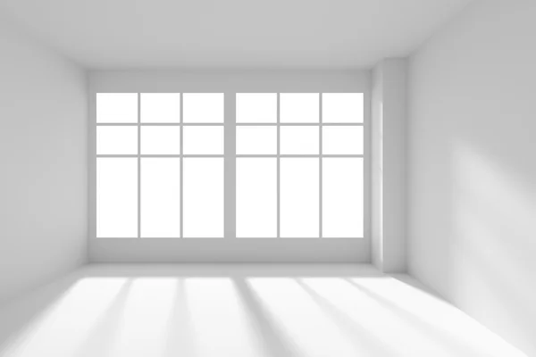 Fehér üres szoba, ablakok és napfény elölnézete — Stock Fotó