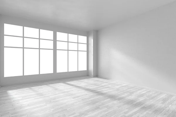 Empty white room with parquet floor, textured walls and big wind — Stock Photo, Image