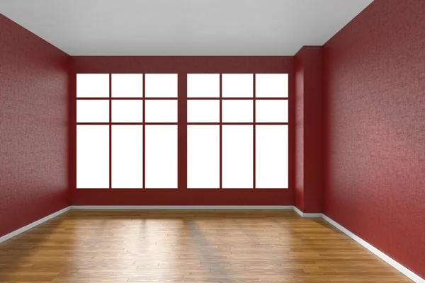 Empty room with parquet floor, textured red walls and big window — Foto de Stock