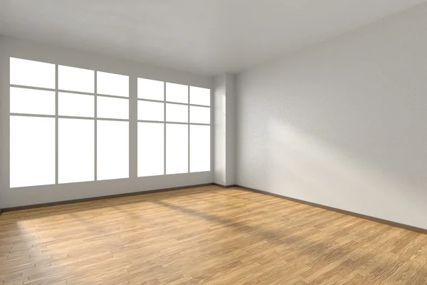 Salle vide avec sol en parquet, murs blancs texturées et fenêtre Photo De Stock
