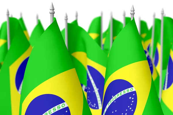Molte piccole bandiere brasiliane, fuoco selettivo — Foto Stock