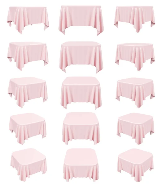 丸みを帯びた角を持つピンクの正方形のテーブルクロス 白に隔離された設定 3Dイラストコレクション — ストック写真
