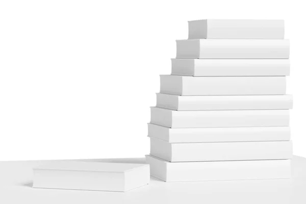 Witte Boekenplank Met Stapel Witte Boeken Geïsoleerd Witte Achtergrond Kleurloze — Stockfoto