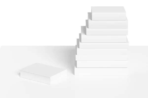 白い背景に隔離された本のスタックとホワイト本棚 無色漂白3Dイラスト — ストック写真