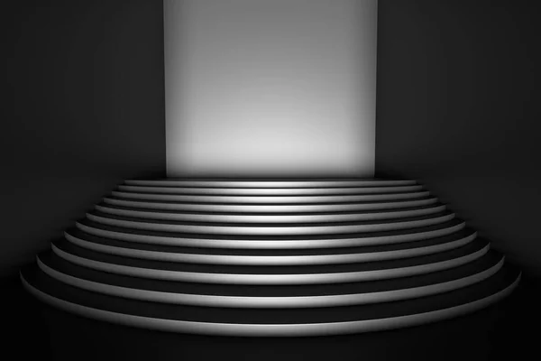 Siyah Yuvarlak Merdivenli Sahne Boş Siyah Odada Karanlık Geniş Açı — Stok fotoğraf