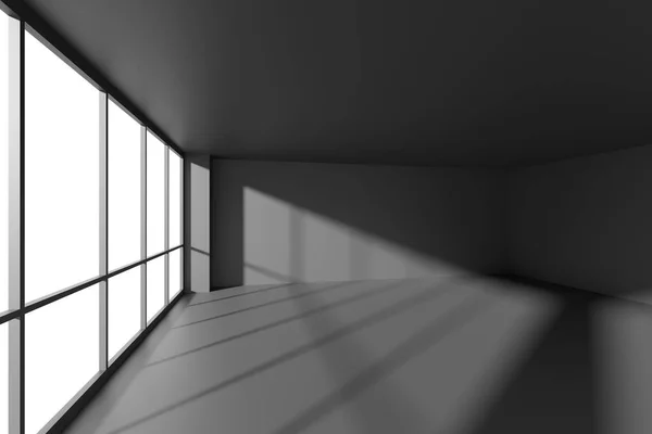 大きな窓から黒い床 天井と壁と太陽の光と空の黒いビジネスオフィスの部屋と空の黒い無色のビジネスアーキテクチャオフィスの部屋3Dイラスト — ストック写真