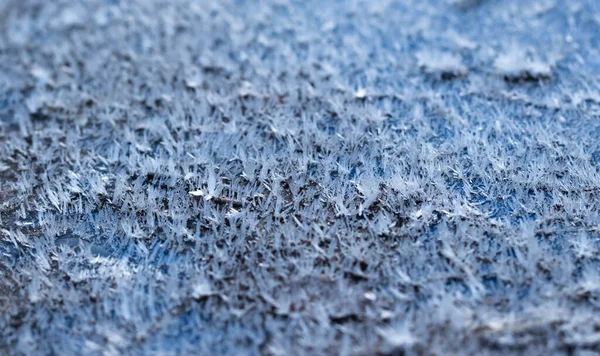 Cristalli Bianchi Hoarfrost Superficie Piana Primo Piano Macro Vista Con — Foto Stock