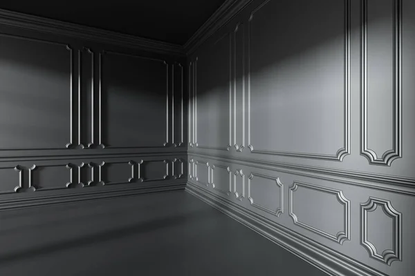 Prázdný Interiér Černého Pokoje Slunečním Světlem Okna Černými Dekorativními Klasickými — Stock fotografie