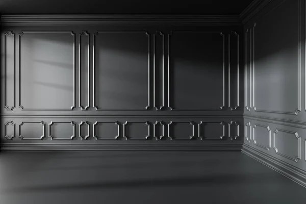 Prázdný Interiér Černého Pokoje Slunečním Světlem Okna Černými Dekorativními Klasickými — Stock fotografie